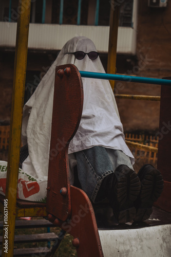Foto A playful scene shows a ghostly figure draped in a white sheet with sunglasses, seated on a playground slide, evoking humor amidst the mundane backdrop of a residential building