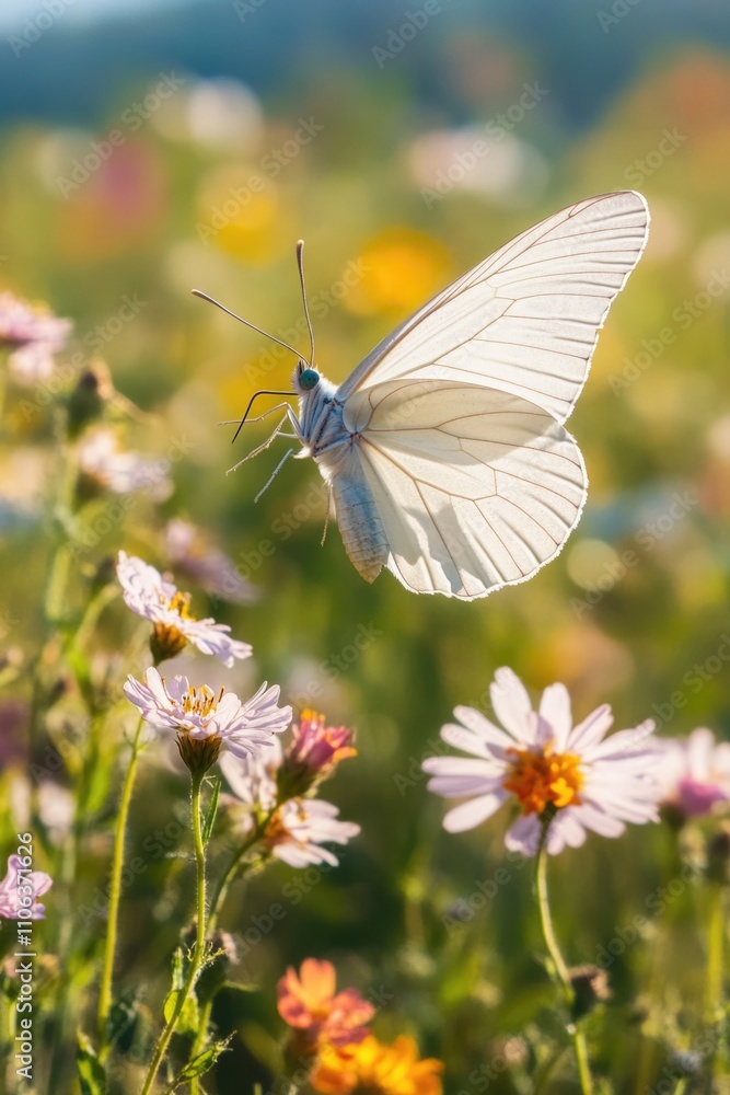 Naklejka premium A colorful butterfly flies above a vibrant field of flowers, perfect for nature-inspired designs and projects