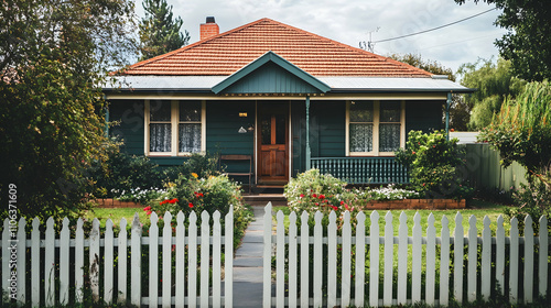 Suburban family home with a bright facade, picket fence, and garden beds. 4k image