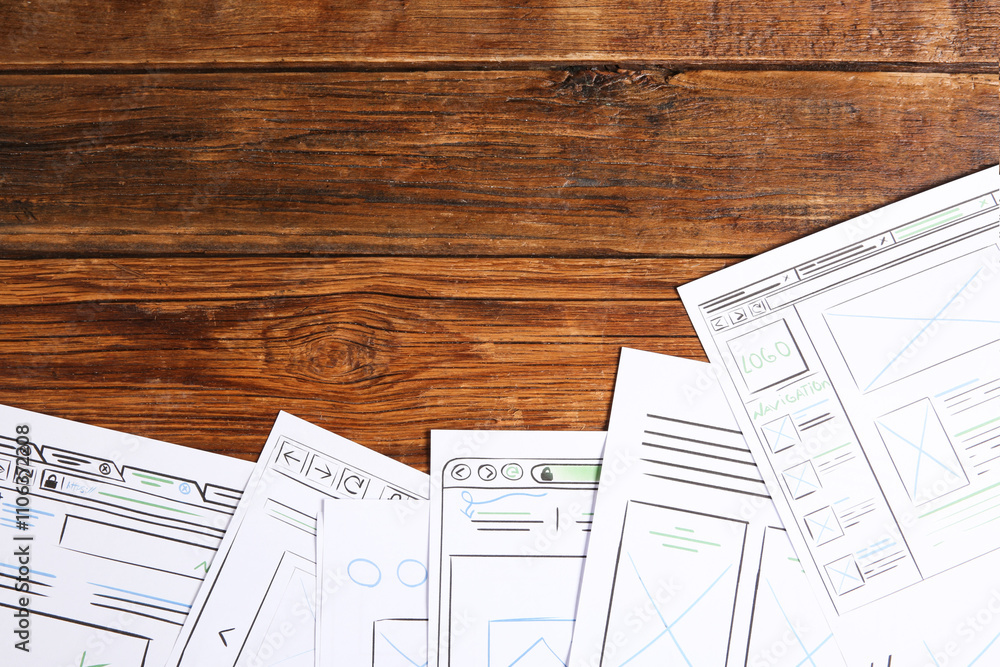Fototapeta premium Developing UI design. Sketches of website wireframes on wooden table, top view