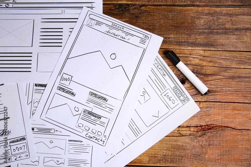 Fototapeta premium Developing UI design. Sketches of website wireframes and felt pen on wooden table, top view