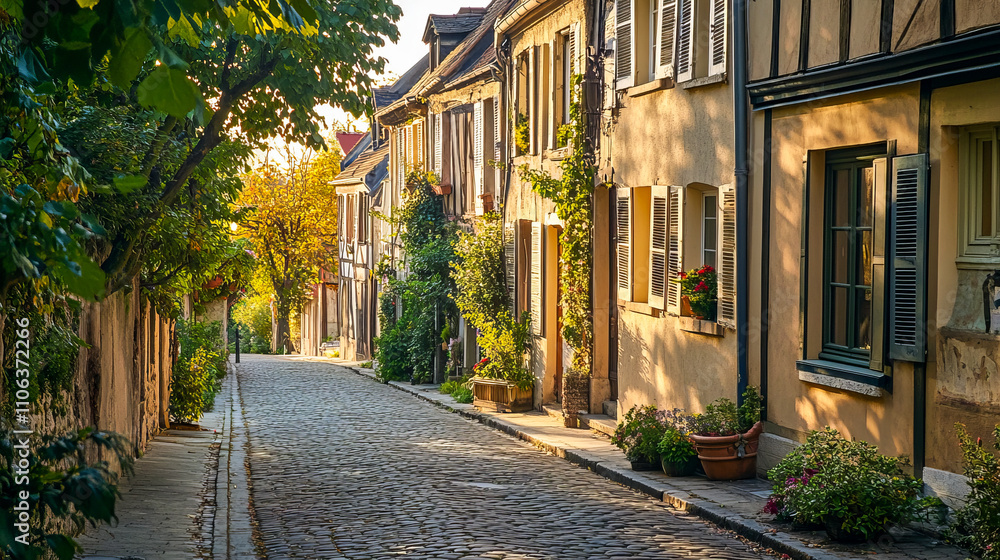 Obraz premium Charming cobblestone street with historic houses in a serene european village