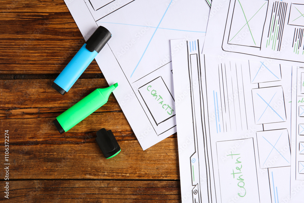 Fototapeta premium Developing UI design. Sketches of website wireframes and felt pens on wooden table, top view