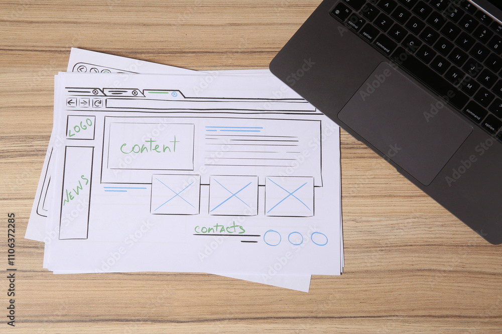 Fototapeta premium Website development. Sketches of wireframes and laptop on wooden table, flat lay