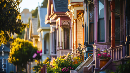 Colorful victorian houses in sunlight photo