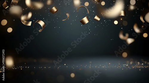 Golden confetti falling in a dark background creates a festive atmosphere ideal for celebrations