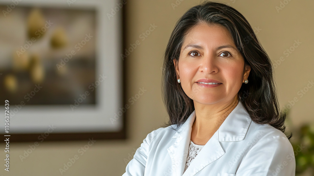 Hispanic female doctor in white coat smiling in office setting Hispanic female doctor in white coat smiling in office setting