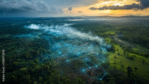 This aerial image highlights land with network markers outlining disaster-resilient infrastructure and emergency routes, emphasizing safety and preparedness in development planning.