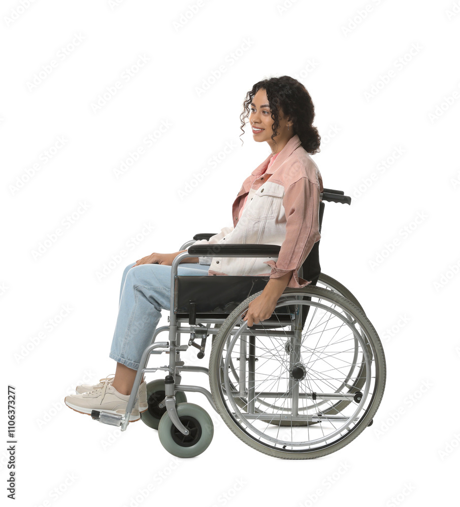 Smiling woman in wheelchair on white background Smiling woman in wheelchair on white background