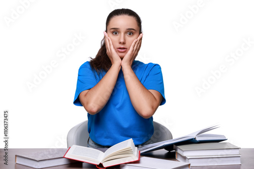 Young student with books having stress before exam at wooden table isolated on white photo