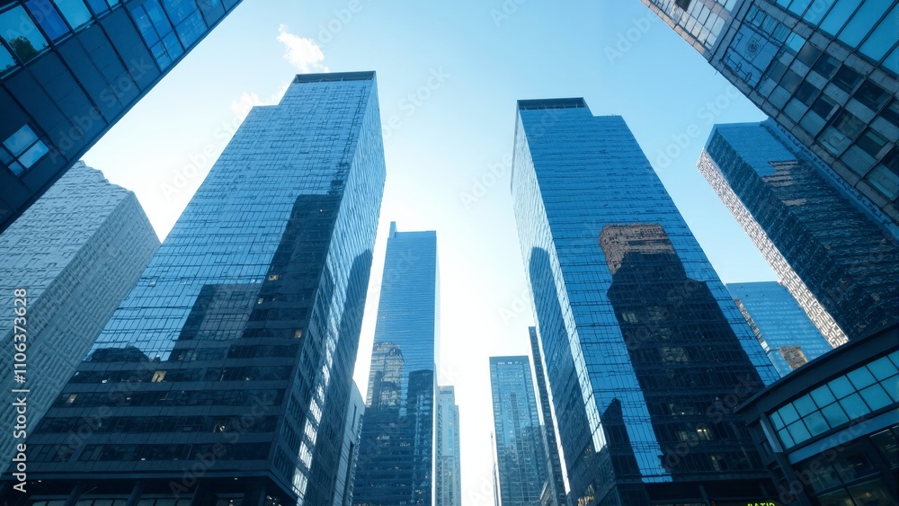 Modern skyscrapers rise towards the blue sky in a bustling urban landscape at sunrise Modern skyscrapers rise towards the blue sky in a bustling urban landscape at sunrise