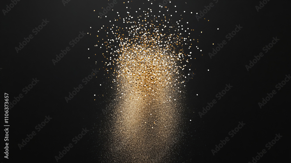 Obraz premium Golden confetti suspended in mid-air against a dark backdrop creating a festive atmosphere
