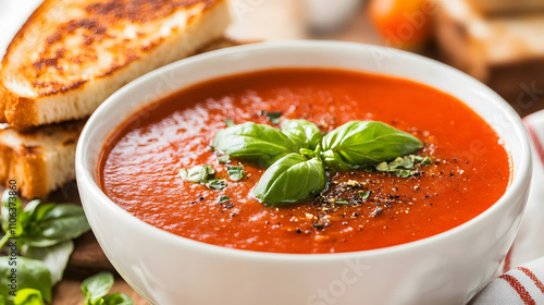 A bowl of creamy tomato soup garnished with fresh basil served with a grilled cheese sandwich.