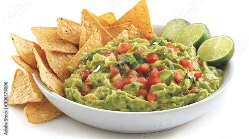 A bowl of fresh guacamole with crispy tortilla chips and sliced limes on the side.