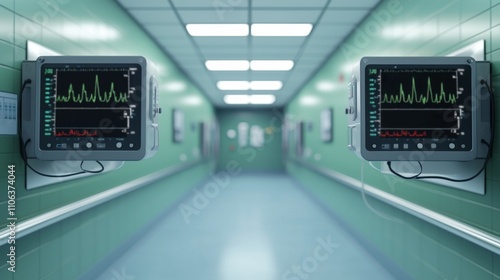  Health warning Prevention monitoring concept. Medical monitors line a sterile hospital corridor.