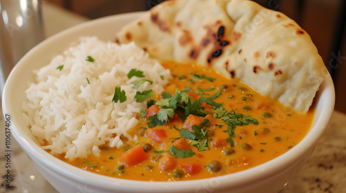 A bowl of vibrant curry with steaming rice topped with cilantro and naan bread on the side. photo