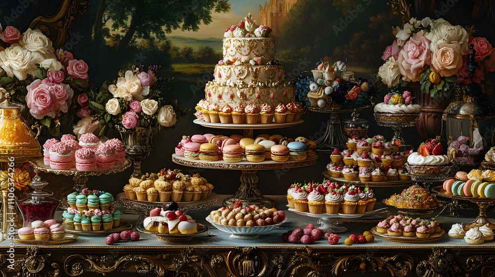 Naklejka premium An 18th-century French patisserie showcasing elaborate cakes tarts and colorful macarons in a grand display.