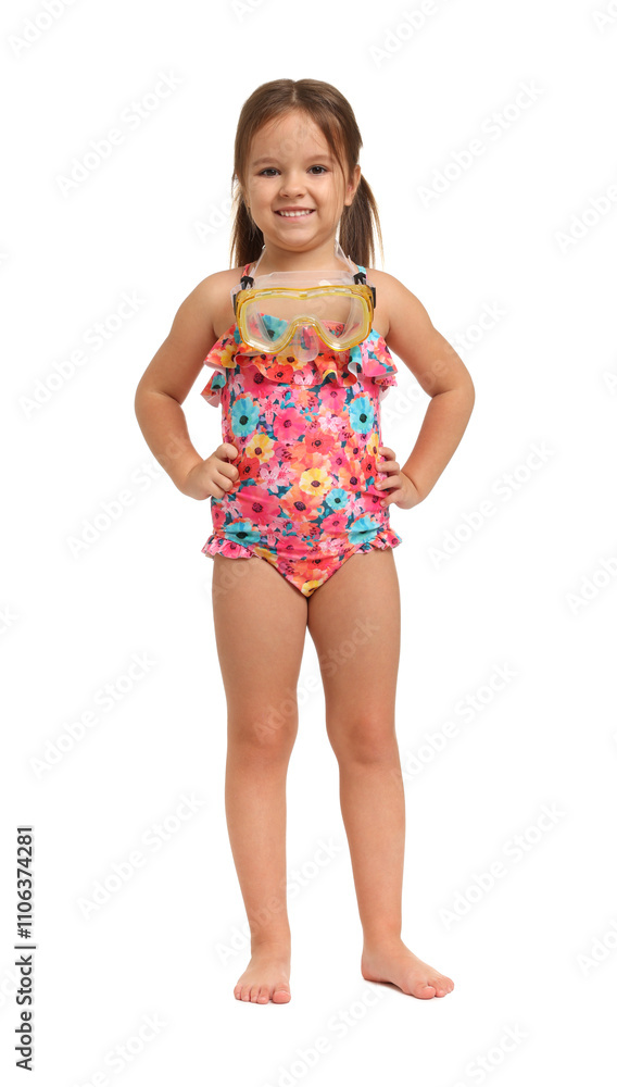 Cute little girl in swimsuit with mask on white background Cute little girl in swimsuit with mask on white background