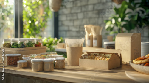 Eco-friendly food packaging in bright kitchen with cardboard boxes and glass jars photo