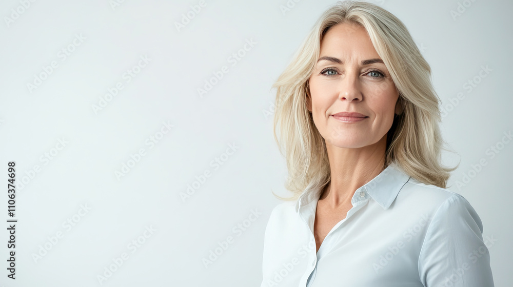 Confident mature caucasian female in light shirt against soft background Confident mature caucasian female in light shirt against soft background