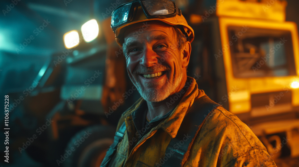 A smiling construction worker wearing a hard hat and safety vest at a bustling construction site in the afternoon sunlight A smiling construction worker wearing a hard hat and safety vest at a bustling construction site in the afternoon sunlight