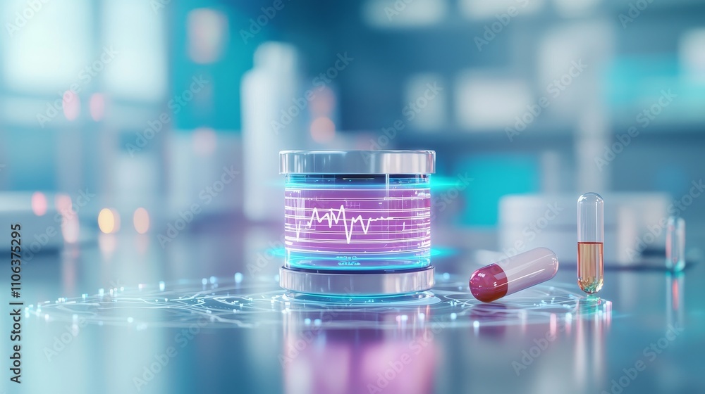 concept health warning Prevention monitoring. Futuristic laboratory scene with biomedical glassware and digital elements. concept health warning Prevention monitoring. Futuristic laboratory scene with biomedical glassware and digital elements.