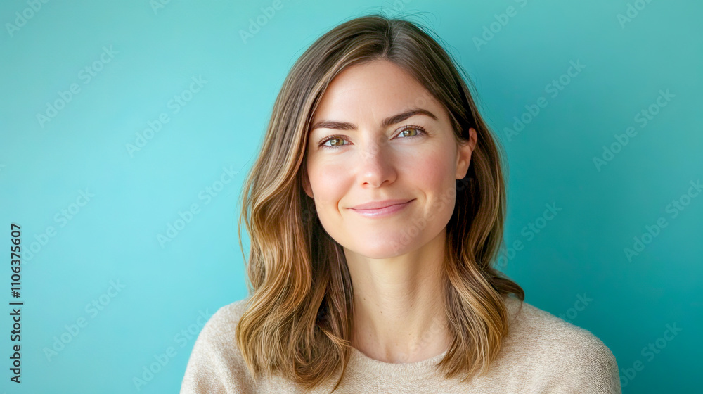 Young caucasian female smiling against blue background Young caucasian female smiling against blue background