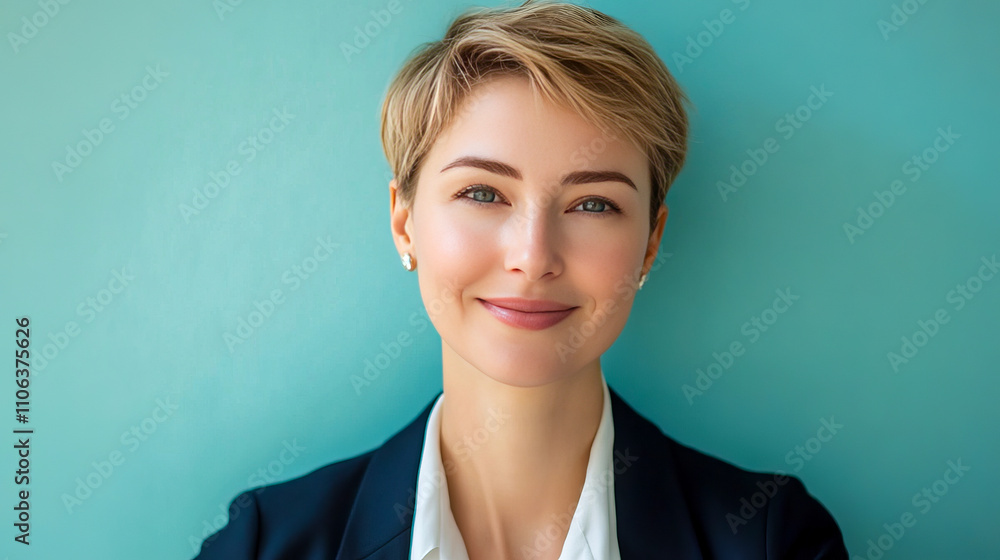 Fototapeta premium Smiling young caucasian female professional against blue background