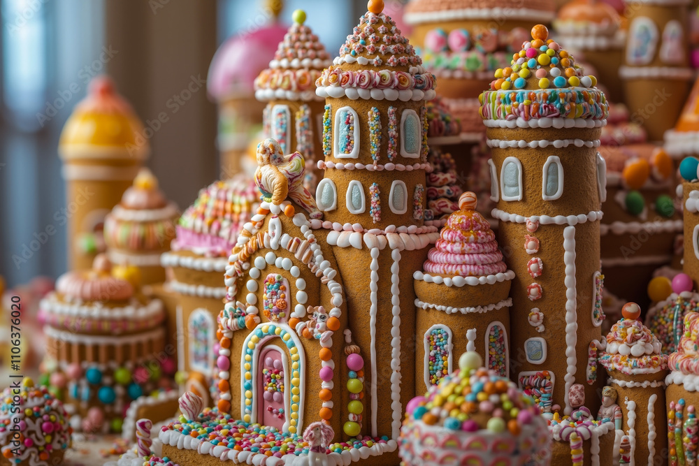 Naklejka premium A large group of gingerbread houses with lots of candy on top of them