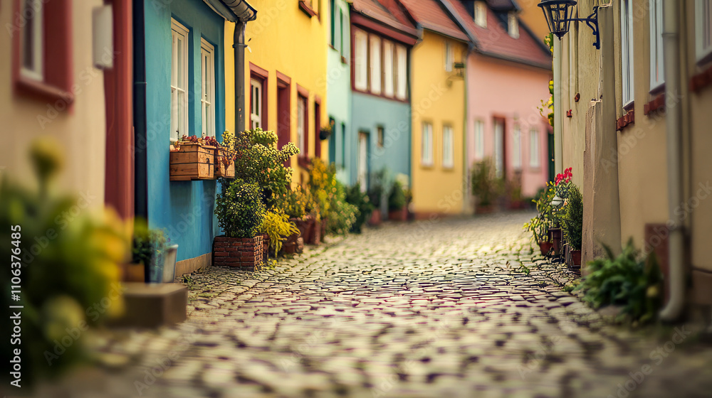 Vibrant cobbled street with colorful houses in quaint european neighborhood Vibrant cobbled street with colorful houses in quaint european neighborhood