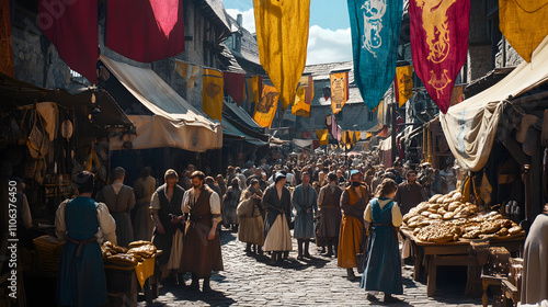 A bustling medieval fair with vendors selling pies roasted nuts and fresh bread amidst colorful banners.