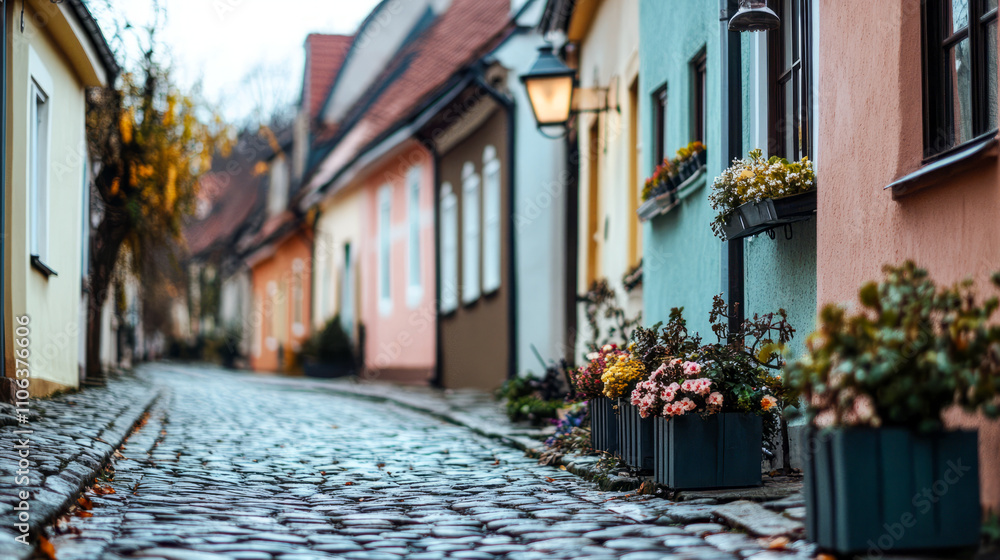 Charming cobblestone street lined with colorful houses and flower boxes in quaint european village Charming cobblestone street lined with colorful houses and flower boxes in quaint european village