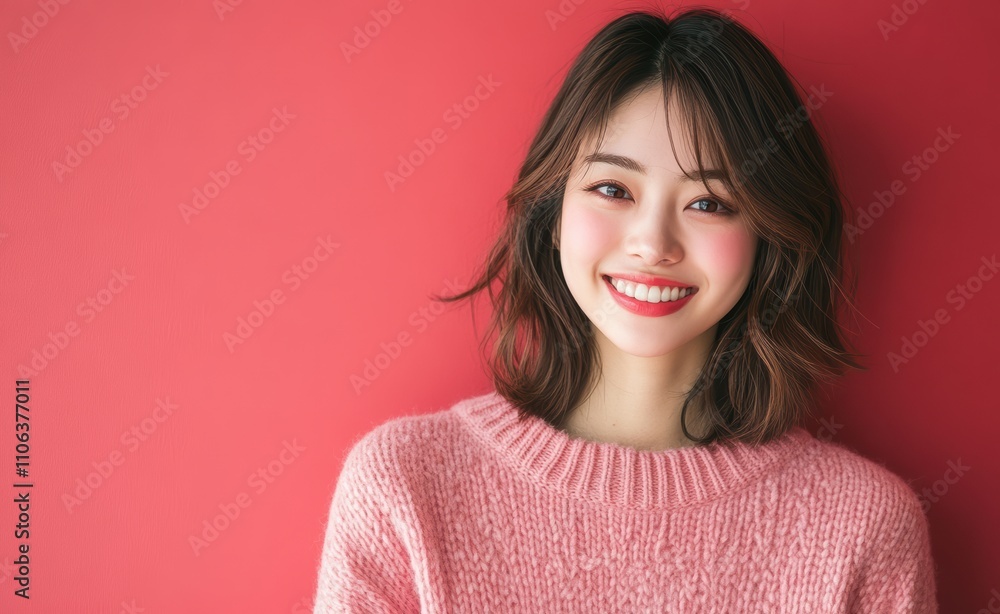 An Asian woman in a red attire stands against a matching red background, exuding warmth and friendliness, perfect for red-themed marketing campaigns. An Asian woman in a red attire stands against a matching red background, exuding warmth and friendliness, perfect for red-themed marketing campaigns.