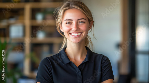 Smiling young caucasian female in black shirt with bookshelves in background