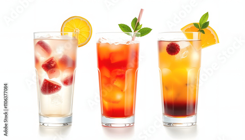 A set of three different summer drink coloured highlights and isolated against a white background isolated highlighted by white, png