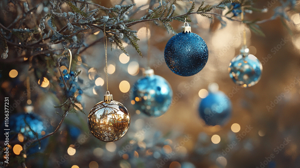 Sparkling Christmas Ornaments Hanging on Tree Branch Sparkling Christmas Ornaments Hanging on Tree Branch