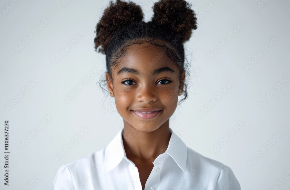 A young African girl bright smile stands out against a white background, highlighting her natural beauty and pure innocence in this charming portrait. A young African girl bright smile stands out against a white background, highlighting her natural beauty and pure innocence in this charming portrait.
