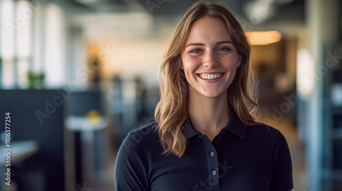 Smiling caucasian young adult female in office setting