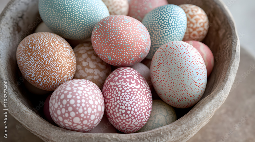 A close-up of intricately painted Easter eggs in soft pastel shades arranged in a rustic bowl. A close-up of intricately painted Easter eggs in soft pastel shades arranged in a rustic bowl.