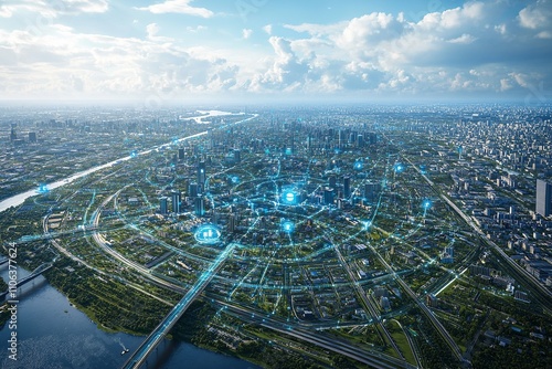 This aerial image highlights land with network markers outlining disaster-resilient infrastructure and emergency routes, emphasizing safety and preparedness in development planning.

