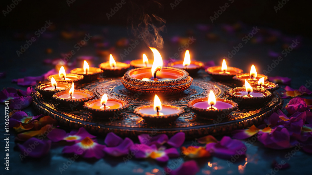 A serene arrangement of diya lamps on a decorative tray surrounded by flower petals, perfect for Diwali celebrations, festive events, and home decor. A serene arrangement of diya lamps on a decorative tray surrounded by flower petals, perfect for Diwali celebrations, festive events, and home decor.