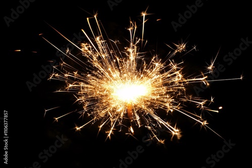 Fireworks explode in the night sky, golden sparks with white highlights against a dark blurred background, wide-angle, captured with a telephoto lens and flash lighting 5