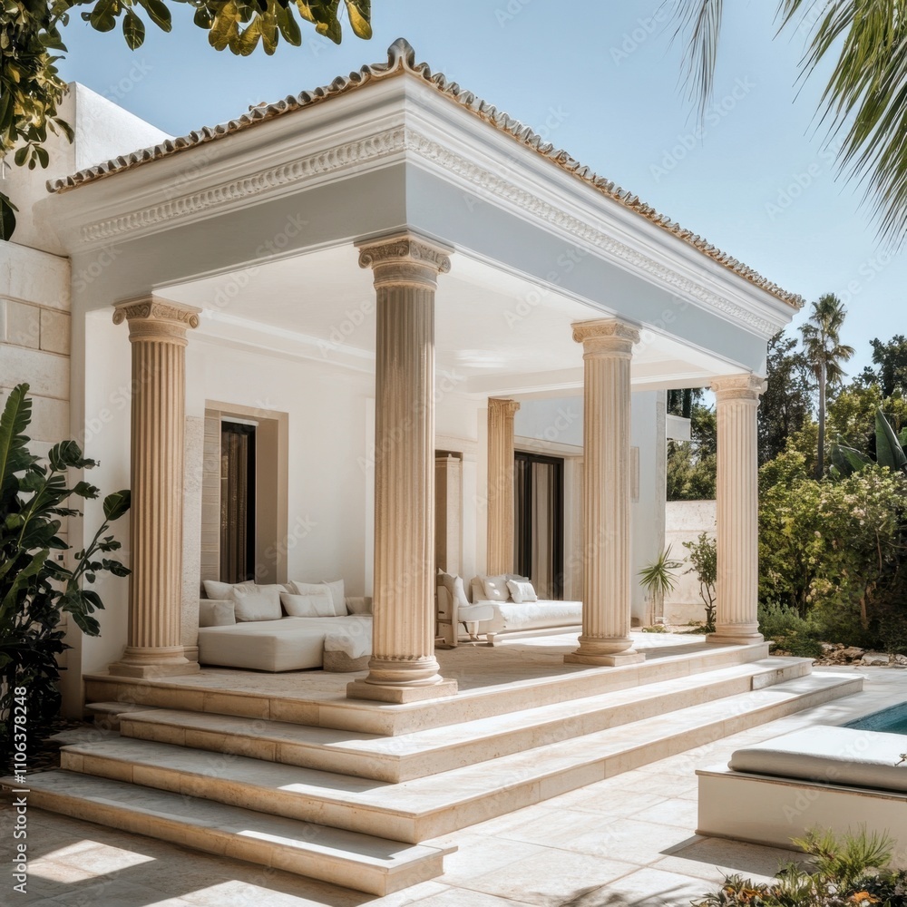 Obraz premium A white house with pillars and a balcony. The balcony has a pool and a few chairs. There are also some potted plants around the house