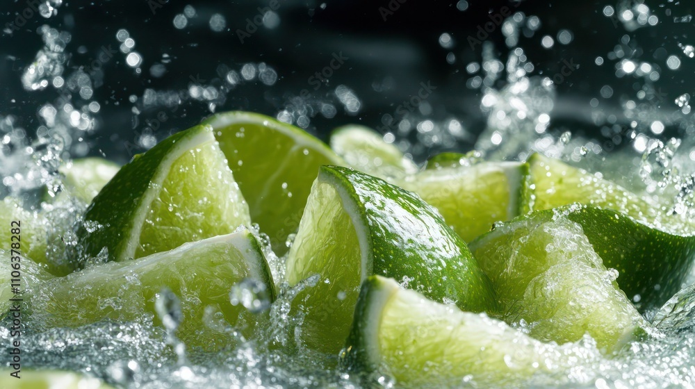 Lime Burst Fresh lime wedges in a zesty green splash, exuding a sharp ...