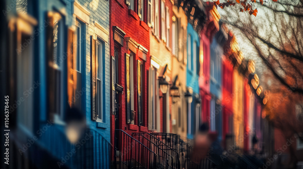 Fototapeta premium Colorful row houses in urban neighborhood during sunset