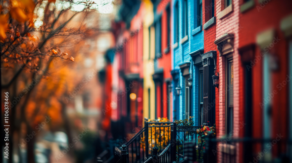 Obraz premium Colorful row houses in autumn with red, blue, and yellow facades along a tree-lined street