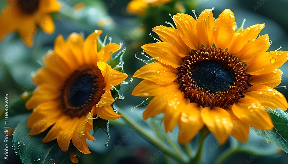Fototapeta premium Sunflowers in Full Bloom with Dew Drops