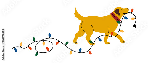 Dog playfully carries Christmas lights while walking outdoors during the holiday season