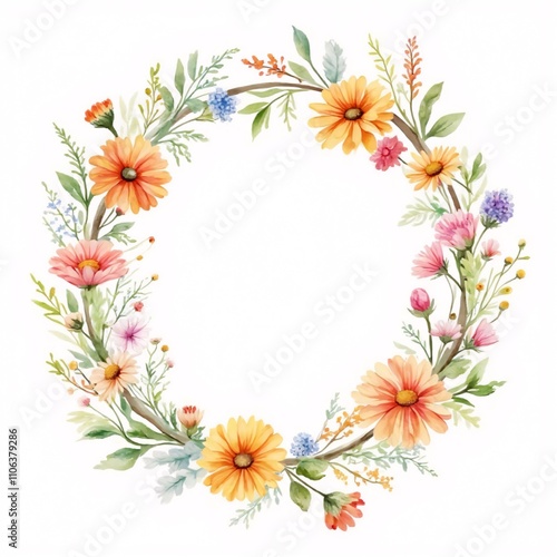 Floral wreath design, vibrant and joyful, on white background, copy space