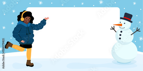 Joyful girl enjoying winter with a snowman in a snowy environment